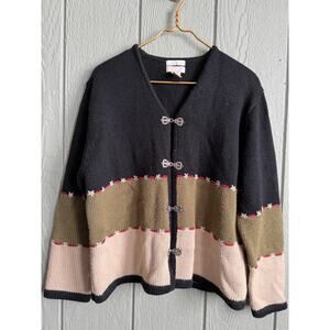 Vintage Knit Cardigan Sweater Scandinavian Hook Closure Embroidered XL Wool